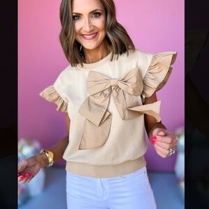 Taupe Contrast Ribbon Bow Ruffle Sleeve Top